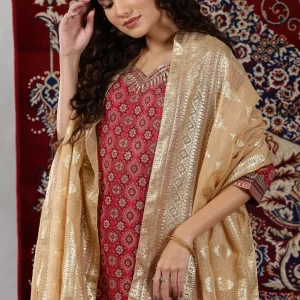 Gold Kota Doria Dupatta with Floral Motifs