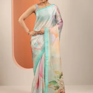 Multi Printed Organza Saree With Unstitched Blouse Piece