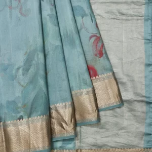 Blue Munga Cotton Silk Saree with Gold Zari and Chevron Pattern Border