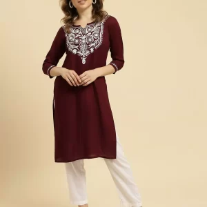 Wine Silk Embroidered Kashmiri Kurti