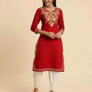 Red Kashmiri Multi Colored Embroidered Kurti