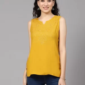 Mustard Self Embroidered Sleeveless Short Kurti