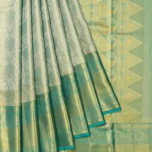 Gold Kanchipuram Silk Saree with Floral Design and Sea Green Border