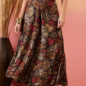 Rayon Black Grey Leaf Print Foil Palazzo