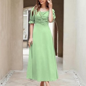 Girl's & Women's Solid A-Line Ruched Puff Sleeve Maxi Long Evening One Piece Long Dress for Women Stylish (Pista)