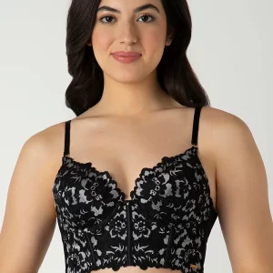 BLACK Femme Lace Padded Non-Wired Longline Bra