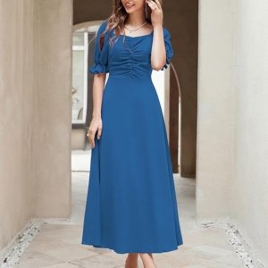 Girl's & Women's Solid A-Line Ruched Puff Sleeve Maxi Long Evening One Piece Long Dress for Women Stylish (Morpeach)