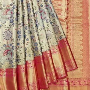 Gold Kanchipuram Silk Saree with Mayil Motifs and Pink Pallu