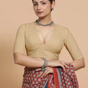 Malika x Rozaana | Deep Neck Saree Blouse in Ecru Beige Linen