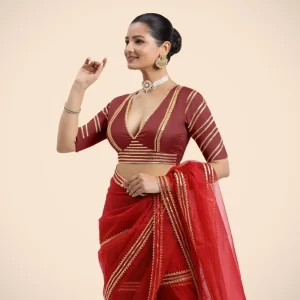 Navya x Tyohaar | Auburn Red Elbow Sleeves FlexiFit Saree Blouse with Plunging V Neckline with Tasteful Golden Gota Lace