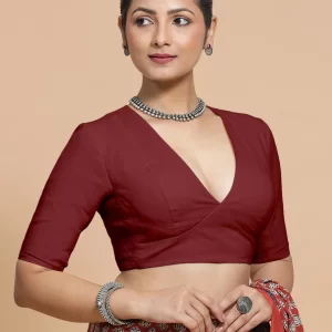Malika x Rozaana | Deep Neck Saree Blouse in Cranberry Red Linen