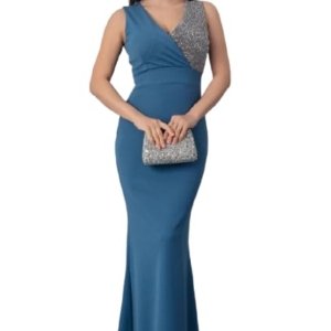 Elegant Evening Gown, V-Neck Sequin Bodice, Floor Length Blue Mermaid Dress