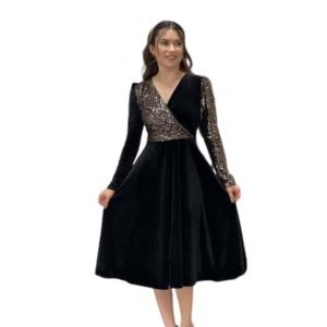Women's Evening Wrap Dress, Black with Gold Sequin Sleeves, V-Neck, Midi Length