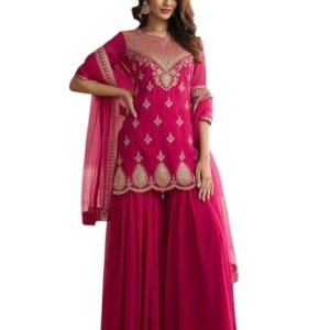 Women’s Georgette Sharara Set with Dupatta | Embroidered Short Kurti with Half Sleeves | Party, Ethnic Dress for Wedding, Haldi & Festive Occasions