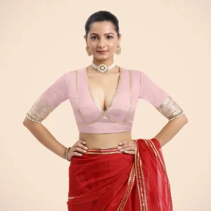 Nafeeza x Tyohaar | Elbow Sleeves Baby Pink FlexiFi Gota Embellished Saree Blouse with Plunging V-Neck