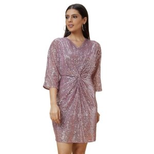 Women's Polyester Sheath Knee-Length Dress(Pink)