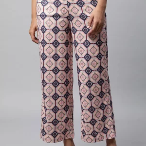 Pink Geometric Printed Straight Fit Palazzo With Elasticated Waist