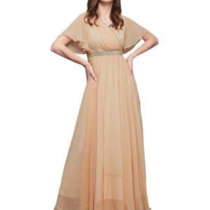 Women's V-Neck Flared/Bell Sleeves Fit & Flare Maxi Dress (Peach)