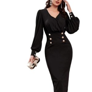 Women Bodycon Sweatheart Neck Lantern Sleeve one Piece Bodycon Midi Dress | Dress for Women (Black)