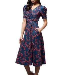 Women's Multicolored-Base-Blue V-Neck Pleated Puff Sleeve Floral Wrap Midi Polyester Dress
