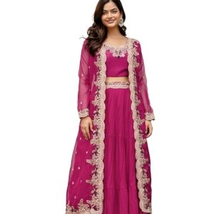 Women's Soft Organza Embroidery Crop Top with Flared Pleated Skirt and Shrug Set