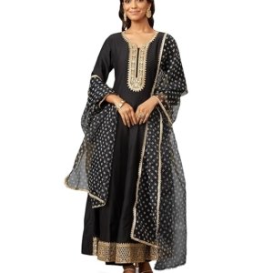 Women's Embroidered Anarkali Kurta Pant Set with Organza Dupatta | Viscose,Rayon | Black