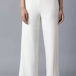 White Solid Straight Fit Palazzo With Elasticated Waistband