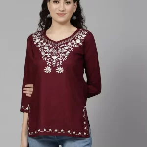 Wine Colored Resham Work Short Kurti