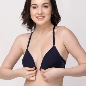 Navy Blue Non-Wired Lightly Padded Medium Coverage Women’s Front-Open Bra
