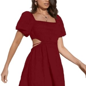Women's & Girl's Fit And Flare Solid Summer Beach Square Neck Puff Sleeve Cut Out Waist Mini Dress