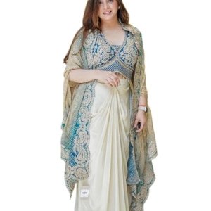 Women's And Girls For Style Premium Chinnon Silk Fabric With Cording & Sequin Work Wedding Bollywood Party Girls(Blue)