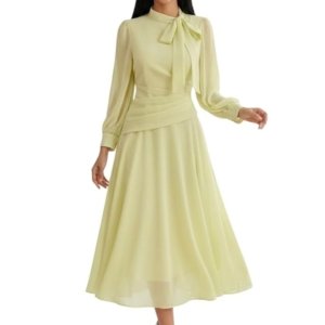 Women Elegant Midi Dress | Long Sleeve Fit & Flare Dress Western Dress for Women | Office, Evening, Casual(Yellow)