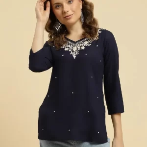 Blue Kashmiri Silk Work Short Kurti