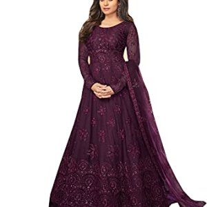 Women's Polyester Mono Net Embroidered Wine Semi Stitch Gown(Wine)