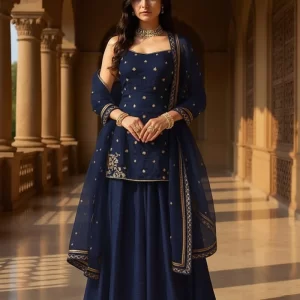 Blue Organza Sequins Moti Hand Embroidered Palazzo Suit Festive Wear