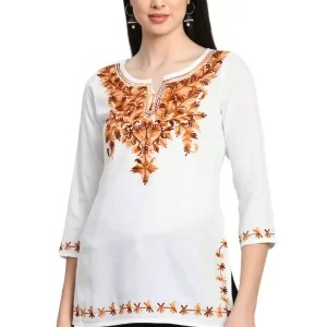 White Kashmiri Embroidered Short Kurti