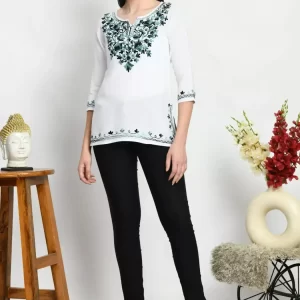 Amunet White Kashmiri Embroidered Short Kurti