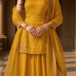 Yellow Organza Sequins Moti Hand Embroidered Palazzo Suit Festive Wear