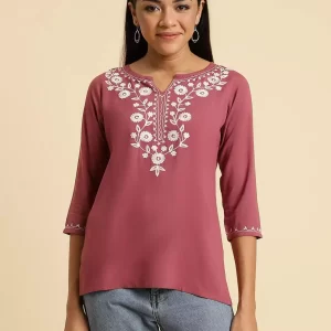 Pink Kashmiri Silk Work Short Kurti
