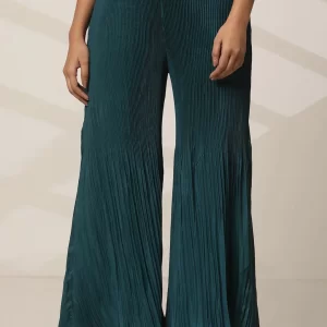 Teal Solid Flared Woven Sharara With Pleats