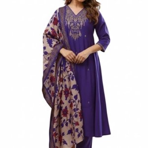 Women Embroidery Straight Kurta and Pant Set with Dupatta(Purple)