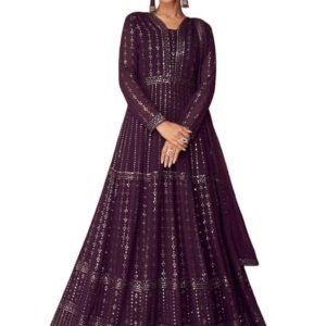 Women's Faux Georgette Stitched Top With Unstitched Bottom and Dupatta Full Sleeve Embroidered Anarkali Gown(Purple)