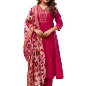 Women Embroidery Straight Kurta and Pant Set with Dupatta(Pink)