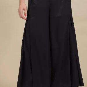 Black Solid Flared Rayon Palazzo With Pleats