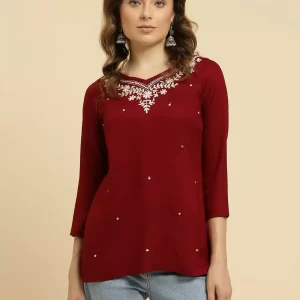 Maroon Kashmiri Silk Work Short Kurti
