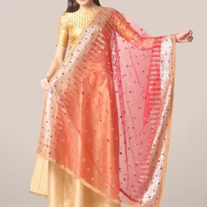 Red Net Dupatta with Sequins & Mirror Work