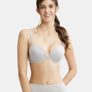 Steel Grey Mélange Padded Wired Super Combed Cotton Elastane Stretch Medium Coverage Pushup Bra with Plunge Neck