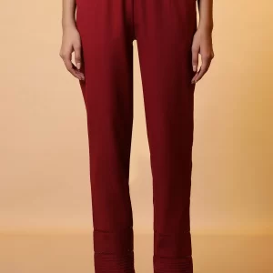 Maroon Lace Insert Pintuck Trousers