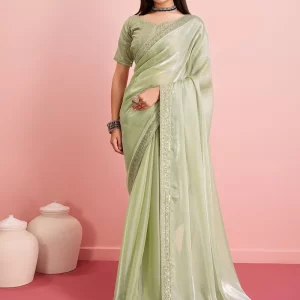 Green Organza Embroidered Sequins Border Saree For Women Party Wear