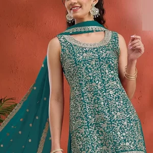 Teal Georgette Embroidered Sequin Palazzo Set Festive Wear